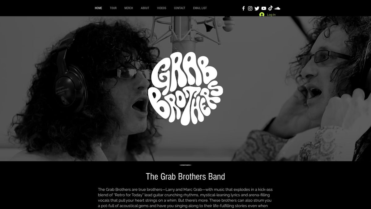 Home page of grabbrothersband.com, a black and white photo of the Grab Brothers at a microphone with their logo
