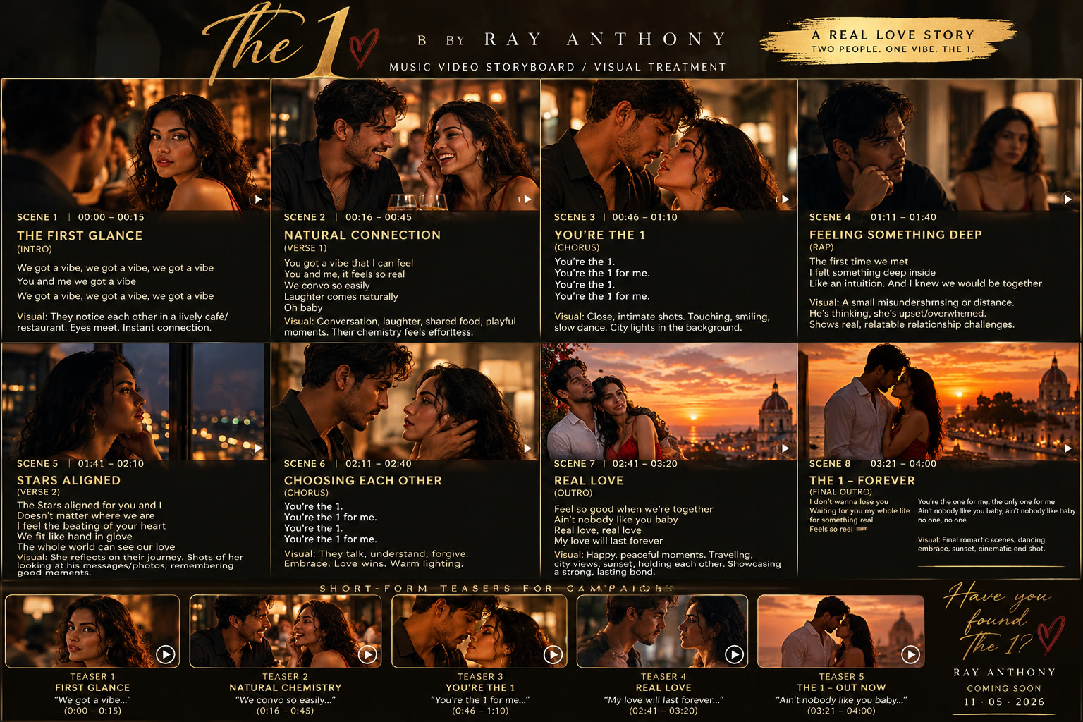 Storyboard for The 1 with eight music video scenes and five short-form teasers